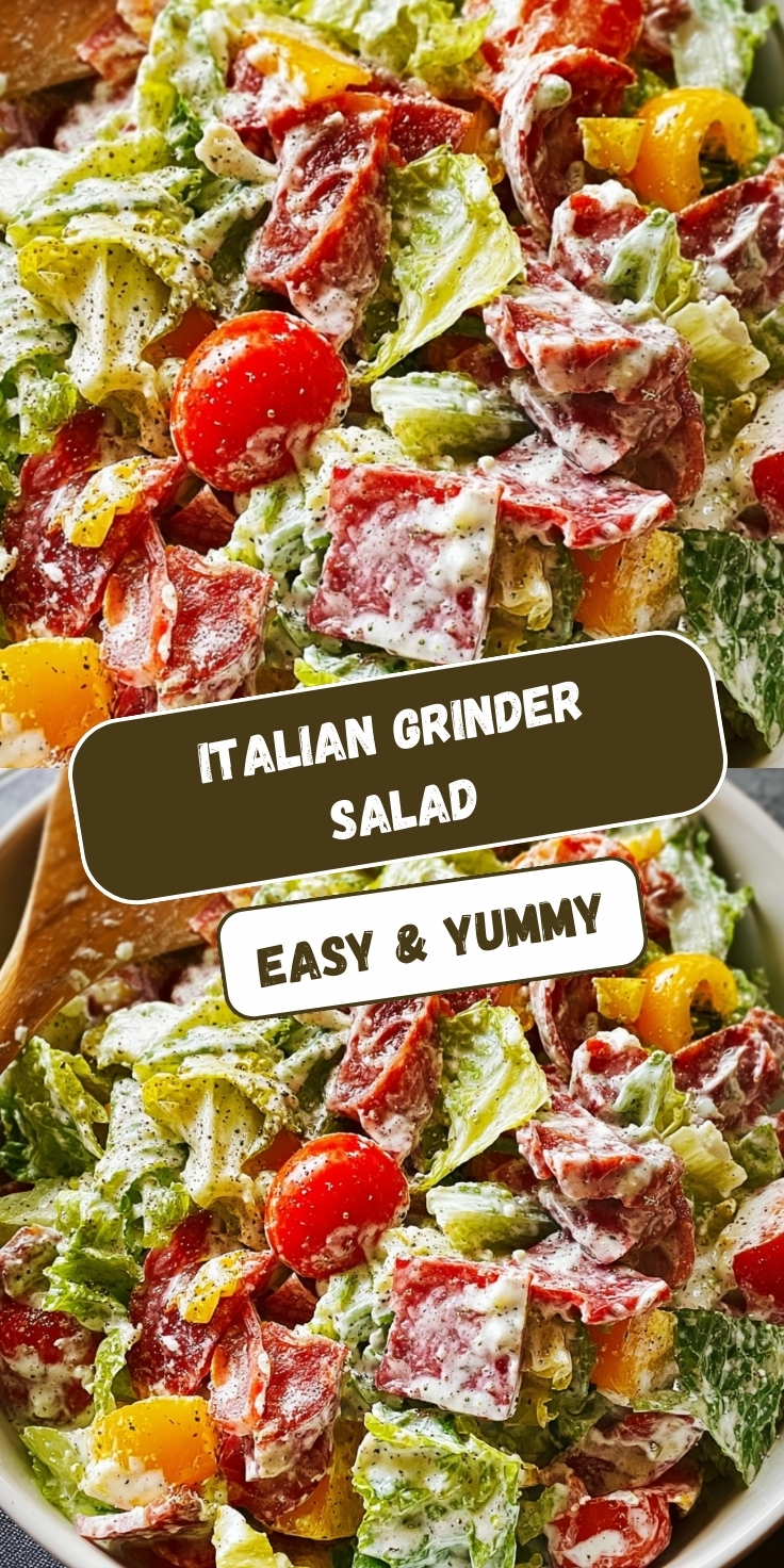 Italian grinder salad with chopped iceberg lettuce, salami, pepperoni, cherry tomatoes, yellow bell peppers, and grated Parmesan cheese tossed in creamy Italian dressing with black pepper seasoning