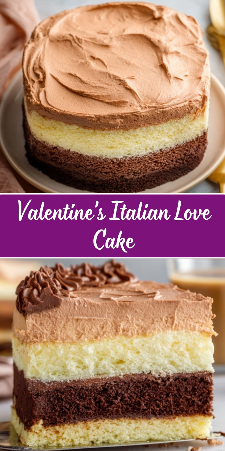 Valentine's Italian Love Cake showing distinct layers of yellow vanilla cake, chocolate cake, creamy ricotta filling, and topped with smooth chocolate frosting with decorative piped rosettes along the edge