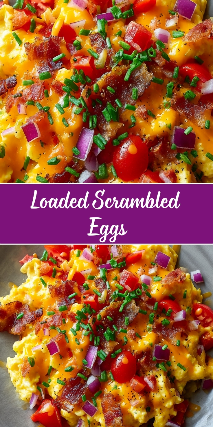 Loaded scrambled eggs topped with melted cheddar cheese, crispy bacon pieces, diced red bell peppers, purple onions, and fresh chopped chives, seasoned with black pepper