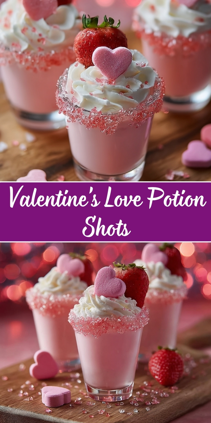 Valentine's Day Love Potion Shots in a two-photo Pinterest collage. Both images show pink creamy cocktail shots in small glasses with pink sugar-rimmed edges, topped with swirled white whipped cream, a pink heart-shaped candy, and a fresh strawberry. The drinks are photographed on a wooden surface with pink heart candies scattered around and additional shots blurred in the background. The top photo has a pink bokeh background, while the bottom shows warm pink and coral bokeh lights. A purple banner with white script text reading 'Valentine's Love Potion Shots' separates the two photos.