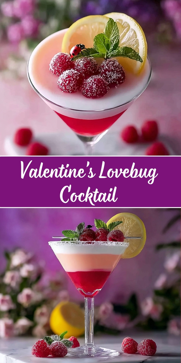 Valentine's Lovebug Cocktail in a two-photo Pinterest collage. Both images show a layered cocktail in a coupe or martini glass with three distinct layers: deep red at the bottom, pale pink in the middle, and white creamy foam on top. The drinks are garnished with fresh raspberries dusted with powdered sugar, a lemon wheel, and fresh mint leaves. The top photo features a decorative ladybug on the raspberries with loose raspberries on the white surface. The bottom photo shows the drink against a purple gradient background with pink flowers and a whole lemon visible. A purple banner with white script text reading 'Valentine's Lovebug Cocktail' separates the two photos.