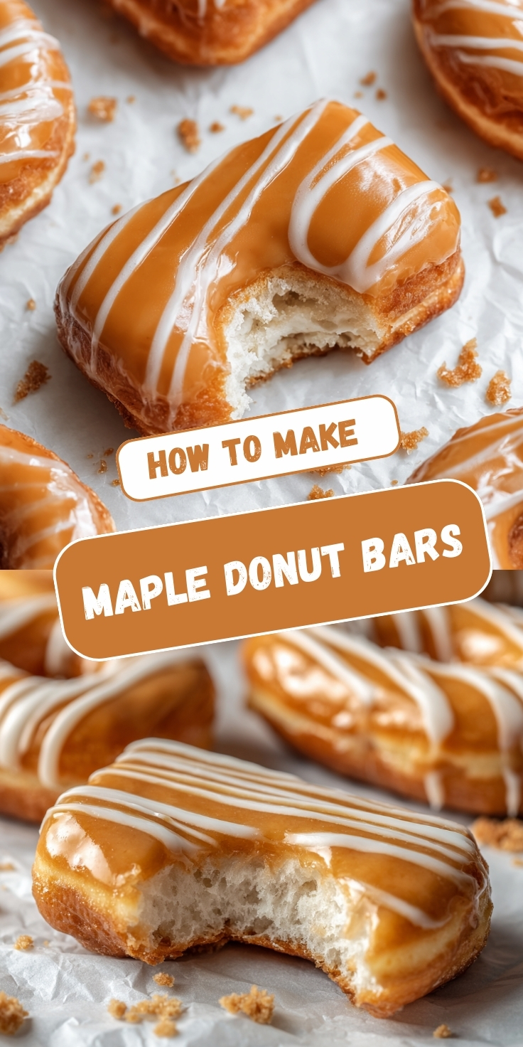 Maple donut bars with golden-brown maple glaze and white icing drizzle on top, showing soft fluffy interior with bites taken out, arranged on white parchment paper with crumbs scattered around