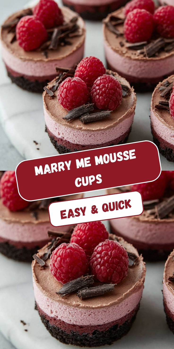 No-bake raspberry chocolate mousse cups with dark Oreo crust, layered raspberry mousse and chocolate mousse, topped with fresh raspberries and dark chocolate shavings, arranged on a white surface