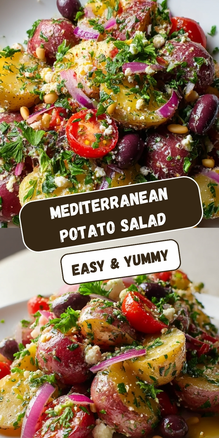 Mediterranean potato salad with red and yellow potatoes, halved cherry tomatoes, Kalamata olives, white beans, sliced red onion, crumbled feta cheese, and fresh parsley in vinaigrette dressing