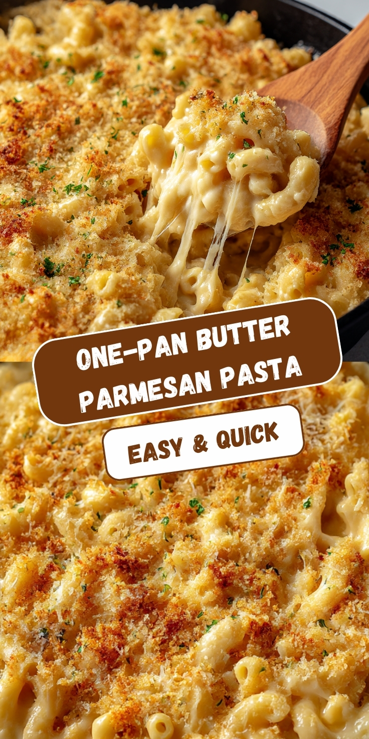 One-pan butter Parmesan pasta in black skillet with wooden spoon lifting creamy, cheese-covered macaroni showing cheese pull, topped with golden toasted breadcrumbs and fresh parsley