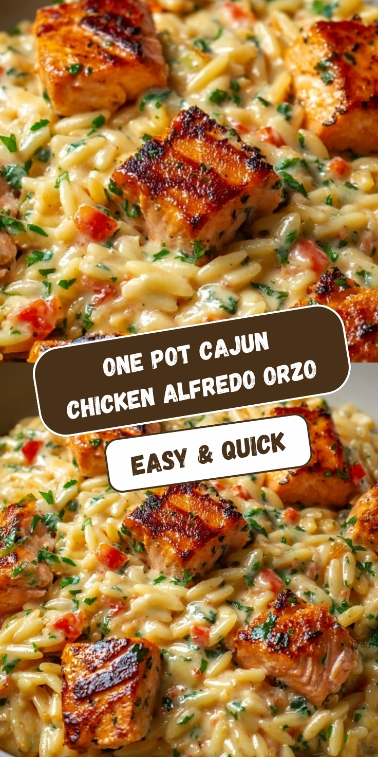 One-pot Cajun chicken Alfredo orzo with golden-brown seared chicken pieces on top of creamy orzo pasta mixed with diced red peppers and fresh parsley in a rich Alfredo sauce