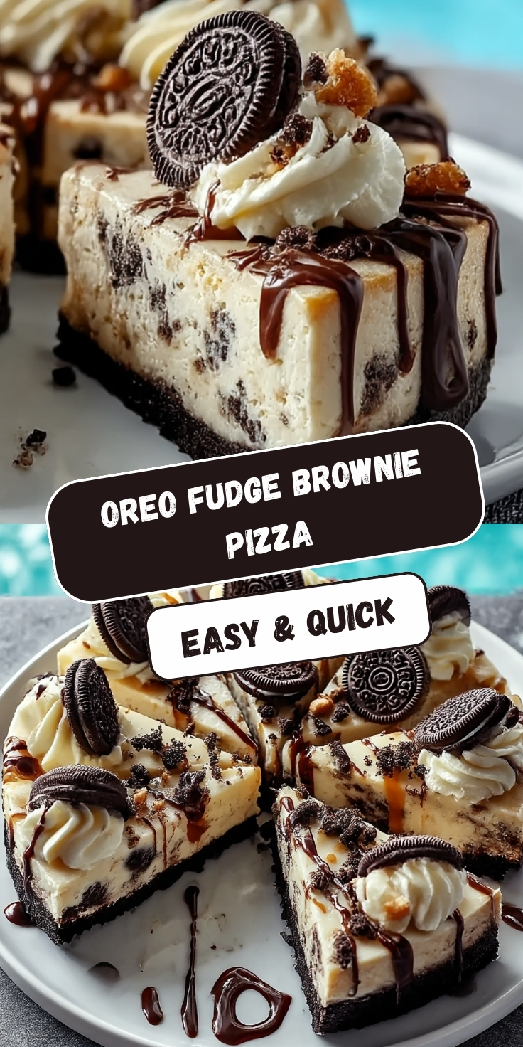 Oreo fudge brownie pizza sliced on white plate with dark chocolate brownie crust, vanilla cream cheese layer with Oreo cookie pieces, whipped cream rosettes, whole Oreo cookies, caramel and chocolate drizzle toppings, bright blue background