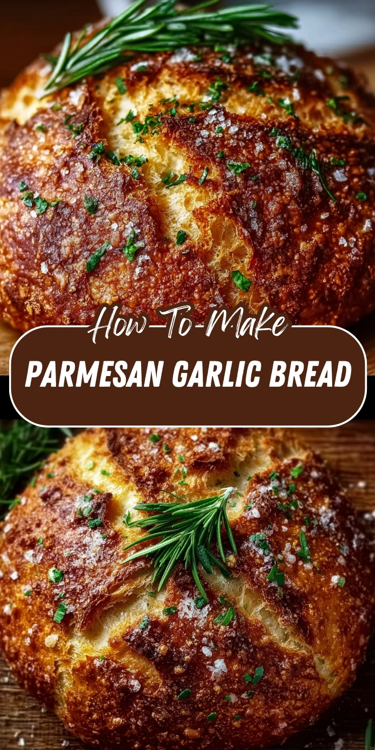 Pinterest recipe graphic showing two close-up photos of a golden-brown rustic parmesan garlic bread loaf topped with coarse sea salt, chopped parsley, and a rosemary sprig, with text overlay reading 'How-To-Make Parmesan Garlic Bread.