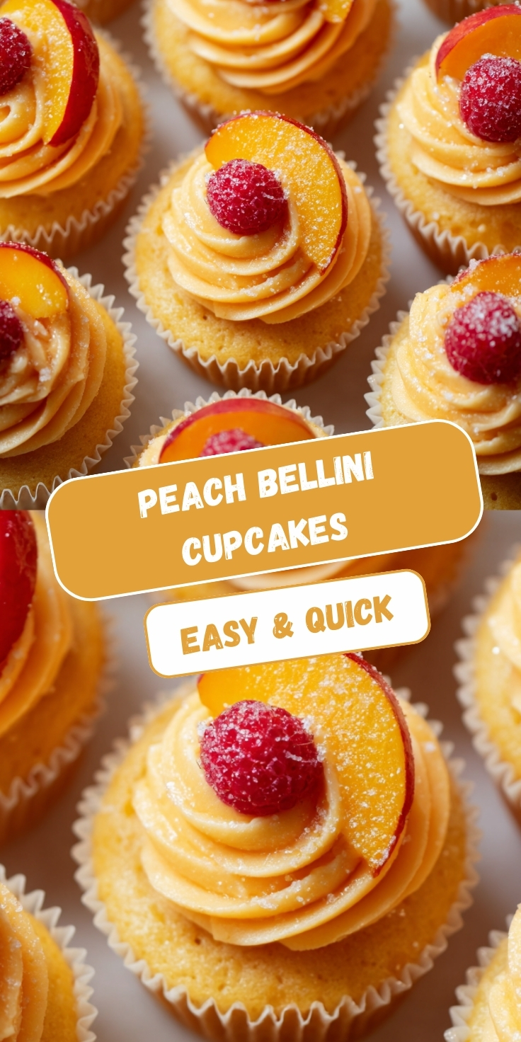 Overhead view of Peach Bellini cupcakes with golden vanilla cake, elegant swirled peach-champagne buttercream dusted with sparkling sugar, each topped with a fresh peach slice and sugared maraschino cherry