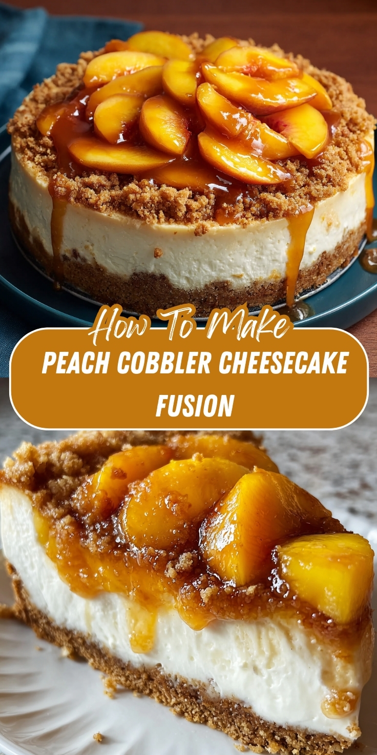 Pinterest recipe graphic showing two photos of a Peach Cobbler Cheesecake Fusion — the top image shows a whole cheesecake with a graham cracker crust topped with caramelized peach slices and brown sugar crumble with caramel dripping down the sides, and the bottom shows a single slice revealing the thick creamy cheesecake layer, with text overlay reading 'How-To-Make Peach Cobbler Cheesecake Fusion.'