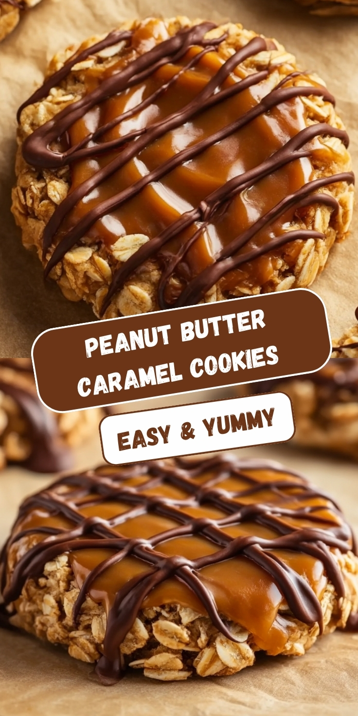 A vertical graphic showing a close-up of thick, textured oatmeal cookies. Each cookie is topped with a smooth layer of caramel and a zigzag drizzle of dark chocolate. They sit on crinkled parchment paper. Text overlays in the center read 'PEANUT BUTTER CARAMEL COOKIES' and 'EASY & YUMMY'.