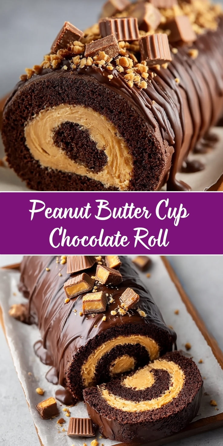 Chocolate roll cake filled with peanut butter cream, covered in chocolate ganache and decorated with chopped Reese's peanut butter cups and peanut butter crumbles, sliced to show spiral interior of chocolate sponge and peanut butter filling