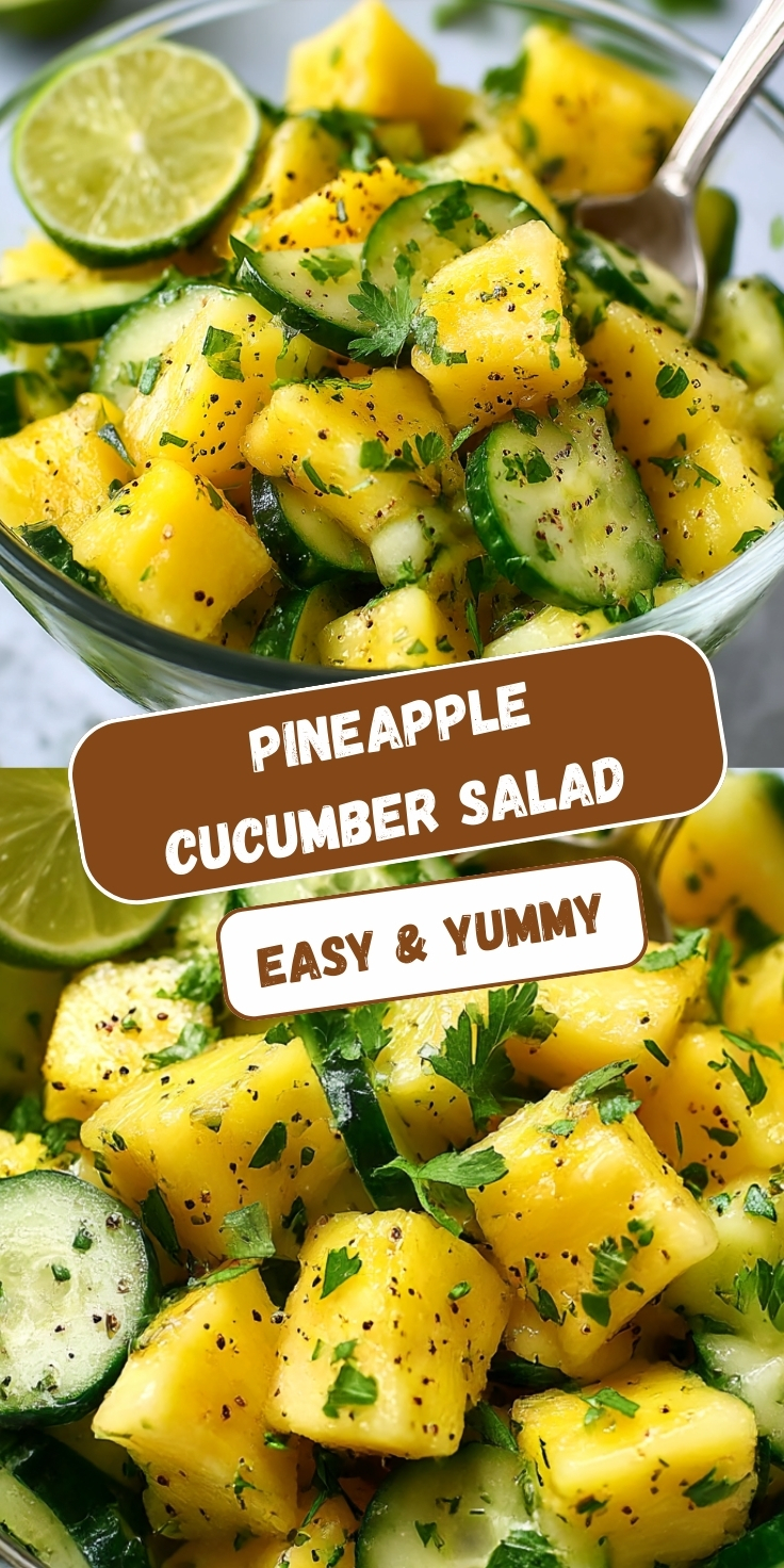 Close-up of a fresh pineapple cucumber salad in a glass bowl, made with juicy pineapple chunks, sliced cucumbers, chopped herbs, black pepper, and lime. A spoon rests in the bowl, with lime slices in the background and a text overlay reading ‘Pineapple Cucumber Salad – Easy & Yummy.