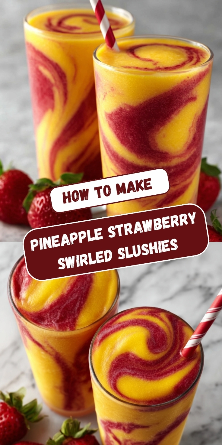 Pineapple strawberry swirled slushies in clear glasses showing vibrant yellow pineapple and deep red strawberry layers swirled together, topped with red and white striped straws, fresh strawberries on white marble surface