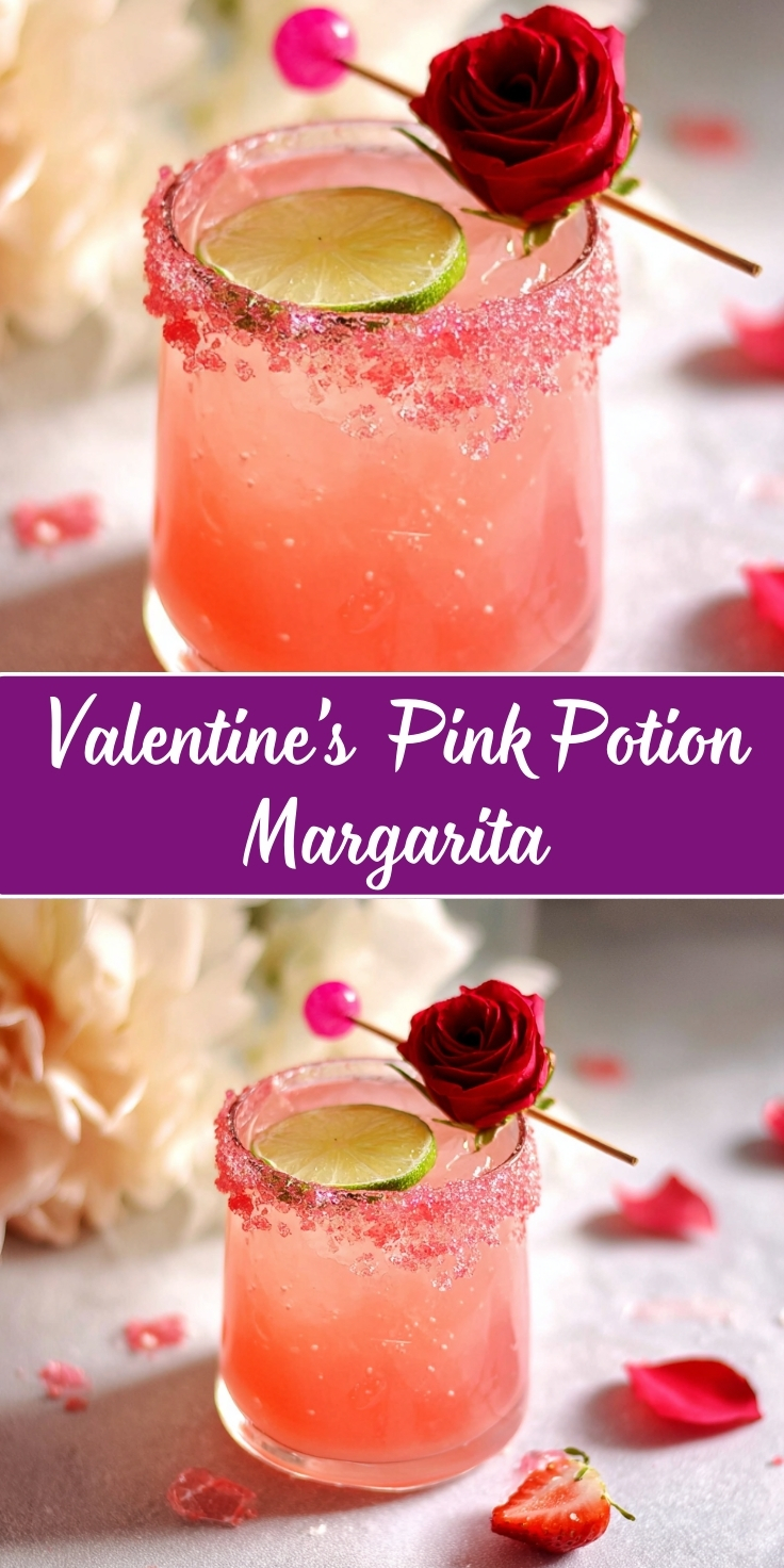 Pink margarita cocktail with sparkling pink sugar rim, garnished with lime wheel, red rose, and pink cocktail pick, surrounded by scattered rose petals on white surface