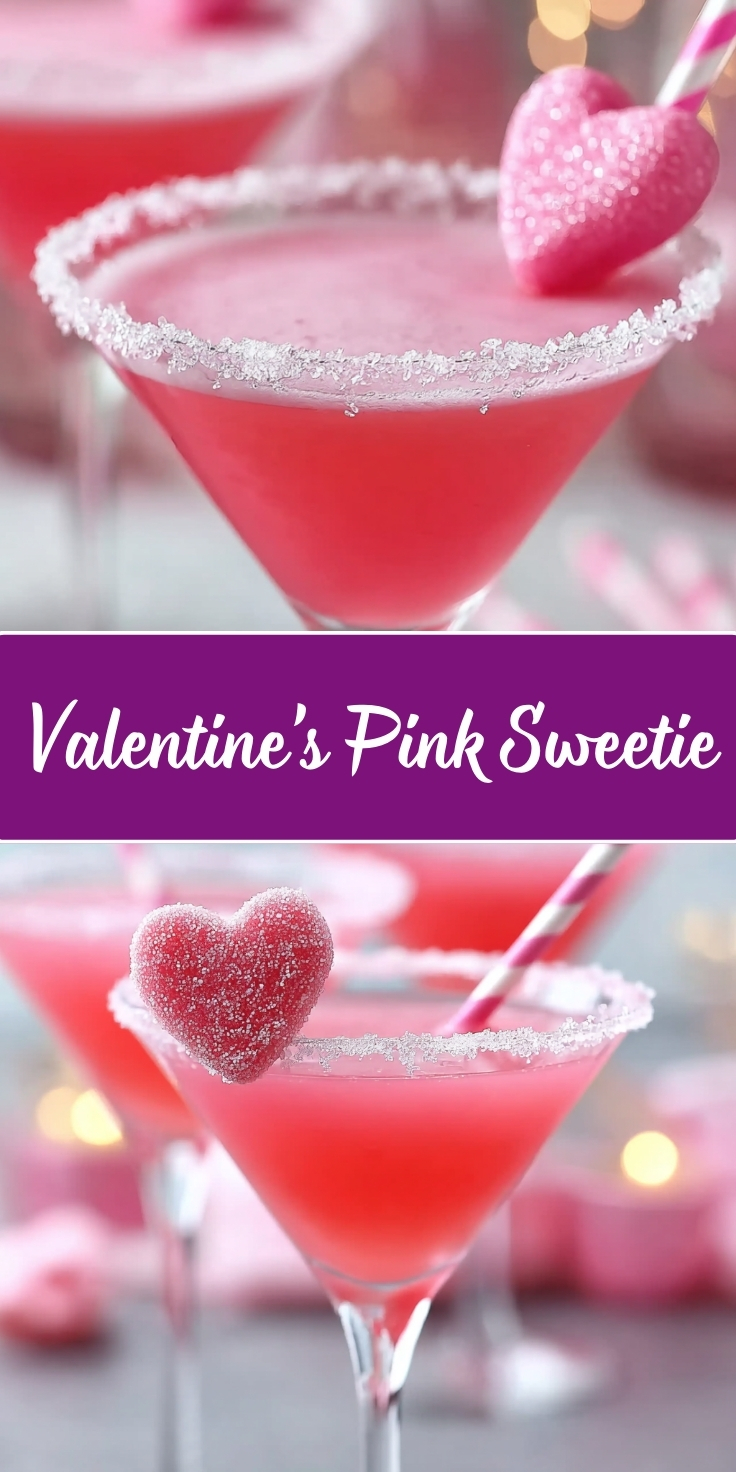 Valentine's Pink Sweetie Valen-Tini in a two-photo Pinterest collage. Both images show a bright coral-pink martini in a classic V-shaped martini glass with a white sugar-rimmed edge, garnished with a pink heart-shaped candy lollipop coated in white sugar crystals and a pink-and-white striped paper straw. Additional martinis are softly blurred in the background with warm bokeh lights. A purple banner with white script text reading 'Valentine's Pink Sweetie' separates the two photos.