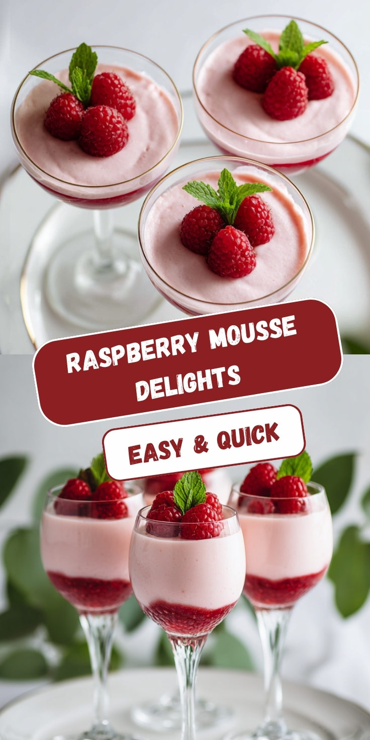 Elegant raspberry mousse desserts in gold-rimmed coupe glasses and stemmed glasses, layered with bright raspberry compote and smooth pink mousse, topped with fresh raspberries and mint leaves