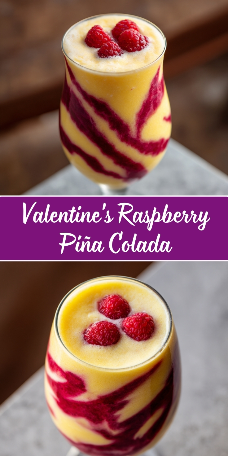 Valentine's Raspberry Piña Colada in a stemless wine glass featuring creamy yellow pineapple-coconut blend swirled with vibrant raspberry puree, garnished with fresh raspberries on top