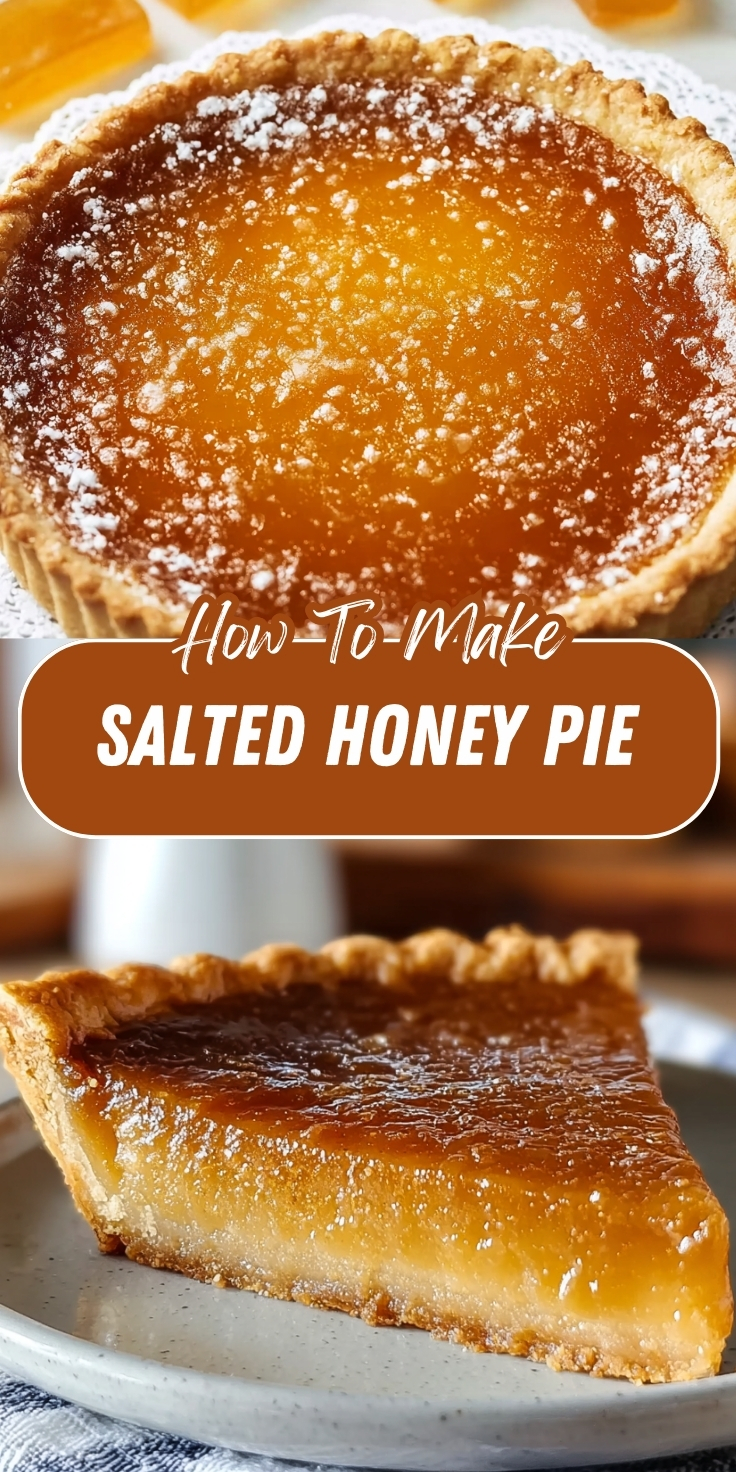 Pinterest recipe graphic showing two photos of salted honey pie — the top image shows a whole pie with a golden amber honey custard filling dusted with powdered sugar in a fluted pastry crust, and the bottom shows a single slice on a white plate revealing the smooth, glossy custard interior, with text overlay reading 'How-To-Make Salted Honey Pie.