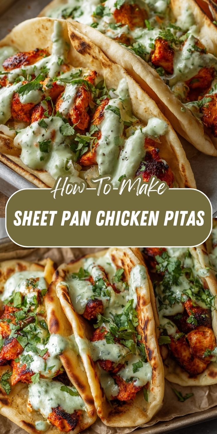 Pinterest recipe graphic showing two close-up photos of sheet pan chicken pitas — charred flatbread pitas loaded with spiced roasted chicken pieces, drizzled with creamy green herb sauce, and topped with fresh chopped cilantro, with text overlay reading 'How-To-Make Sheet Pan Chicken Pitas.
