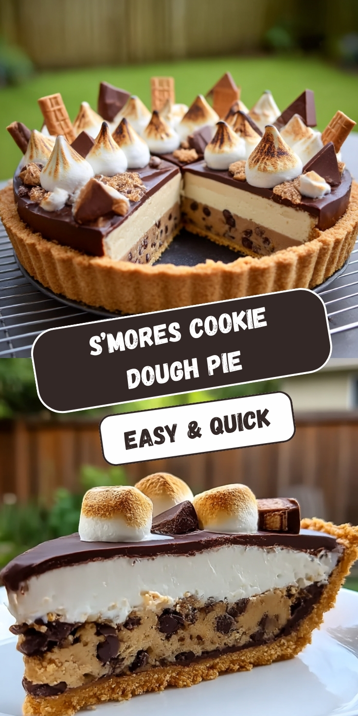 S'mores cookie dough pie shown whole and sliced, featuring graham cracker crust, chocolate chip cookie dough filling, chocolate ganache layer, topped with toasted marshmallow peaks, chocolate triangles, and graham cracker pieces