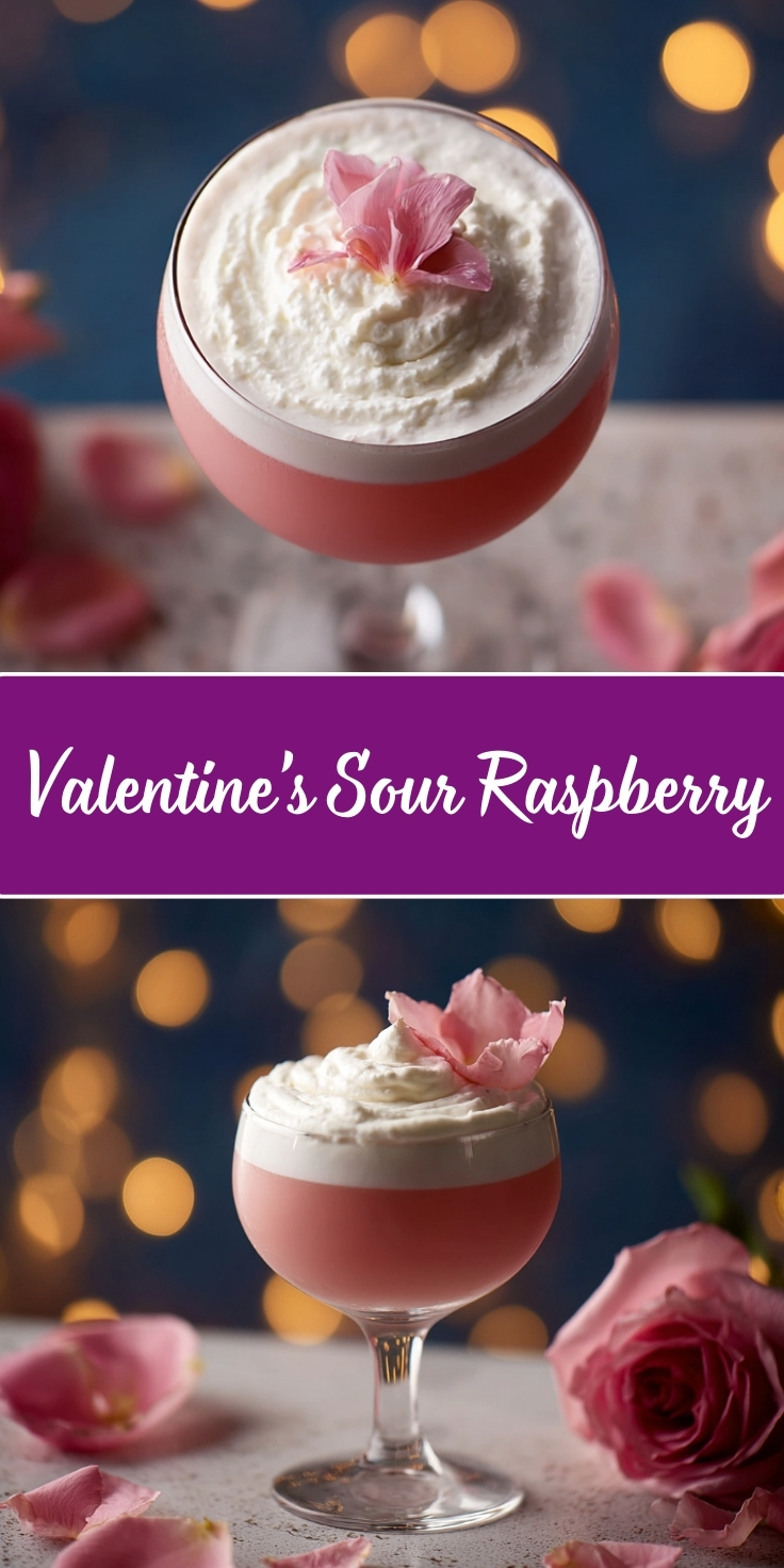 Valentine's Sour Raspberry cocktail in a two-photo Pinterest collage. Both images show a layered pink cocktail in a coupe glass with white frothy foam on top, garnished with a pink edible flower. The drink is photographed against a dark blue background with warm golden bokeh lights. Pink rose petals are scattered on the white surface around the glass, with a full pink rose visible in the bottom image. A purple banner with white script text reading 'Valentine's Sour Raspberry' separates the two photos.