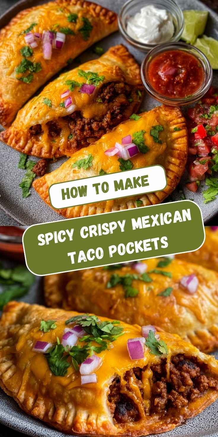 Crispy Mexican taco pockets made with golden-brown puff pastry crimped edges, filled with seasoned ground beef and melted cheddar cheese, topped with diced red onions and fresh cilantro, served with salsa, sour cream, and lime wedges