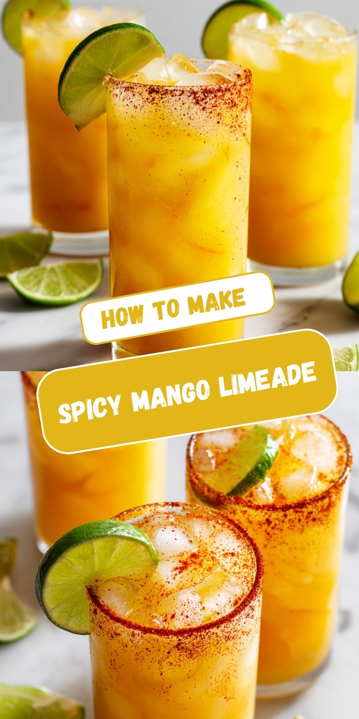 Spicy mango limeade in tall glasses with vibrant golden-yellow color, topped with ice cubes, rimmed with red chili powder and salt, garnished with fresh lime wheels, surrounded by lime wedges on white marble surface