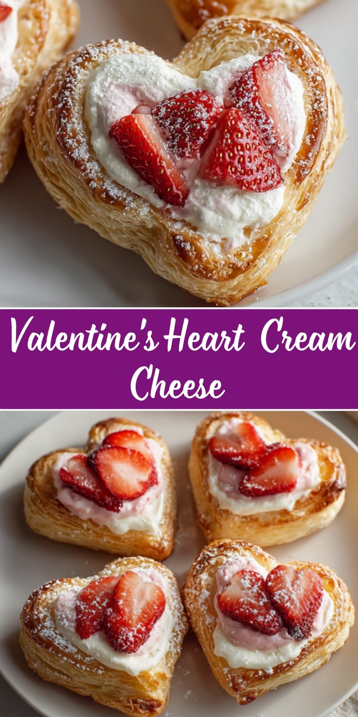Valentine's Day heart-shaped cream cheese danishes made with golden flaky puff pastry, topped with a sweetened cream cheese filling and fresh sliced strawberries, dusted with powdered sugar. Two photos: a close-up of a single danish on a white plate, and a wider shot of four danishes arranged on a light-colored plate.