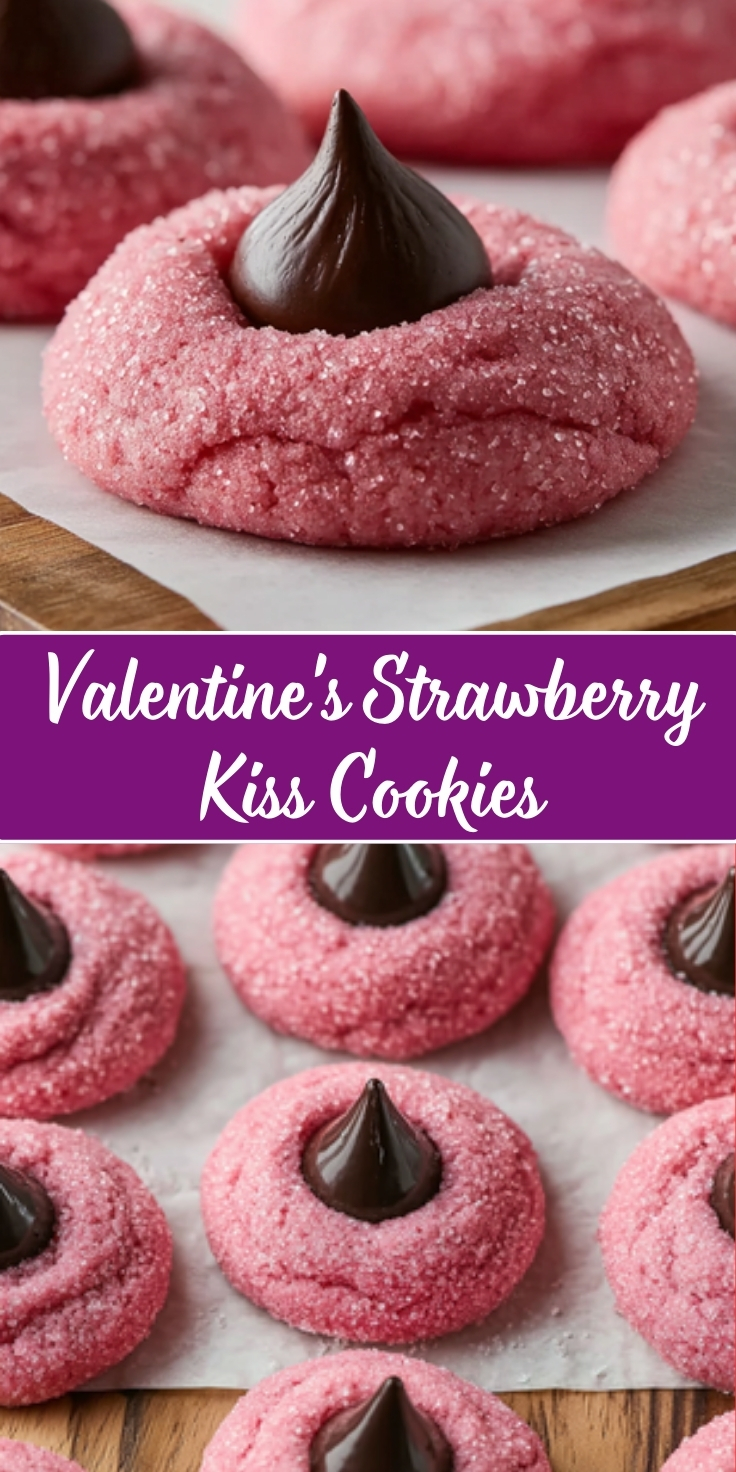 Valentine's Day Strawberry Kiss Cookies in a two-photo Pinterest collage. Top image shows a close-up of a single pink strawberry sugar cookie topped with a dark chocolate Hershey's Kiss on parchment paper. Bottom image shows six of the same cookies arranged on a baking sheet, viewed from above. A purple banner with white script text reading 'Valentine's Strawberry Kiss Cookies' separates the two photos.