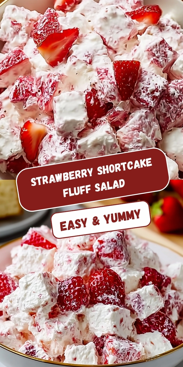 Strawberry shortcake fluff salad in white bowl with fresh sliced strawberries, marshmallows, and whipped cream mixture creating pink-swirled creamy dessert, served in white dish with fresh strawberries visible in background