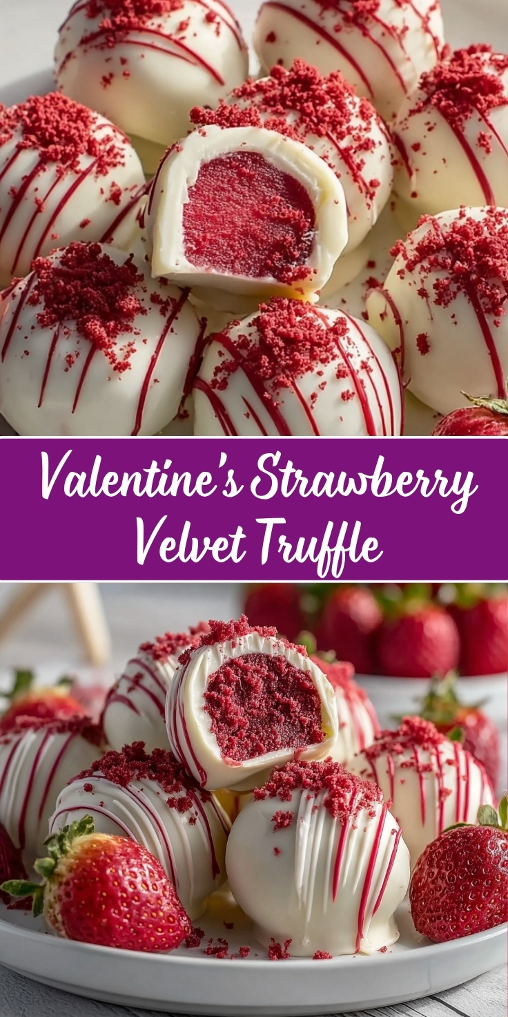 Valentine's Strawberry Velvet Truffle in a two-photo Pinterest collage. Top image shows a close-up of white chocolate-coated truffle balls decorated with red chocolate drizzle and red velvet cake crumbs, with one truffle cut in half to reveal a vibrant red velvet cake interior with white cream cheese filling. Bottom image shows several truffles arranged on a white plate alongside fresh strawberries, displaying the same white chocolate coating with red drizzle and red velvet crumb garnish. A purple banner with white script text reading 'Valentine's Strawberry Velvet Truffle' separates the two photos.