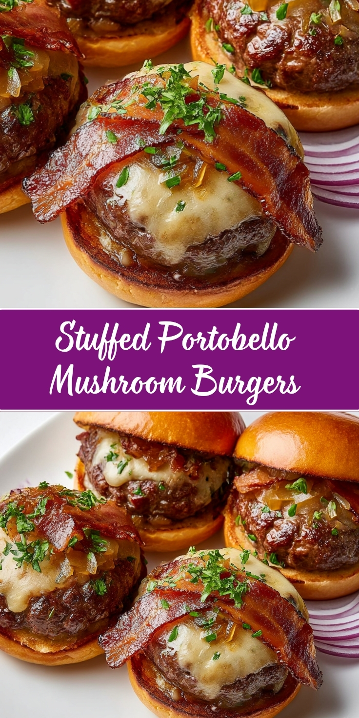 Grilled portobello mushroom burgers on toasted buns, topped with melted cheese, crispy bacon strips, and fresh parsley, displayed on white plate with purple striped napkin