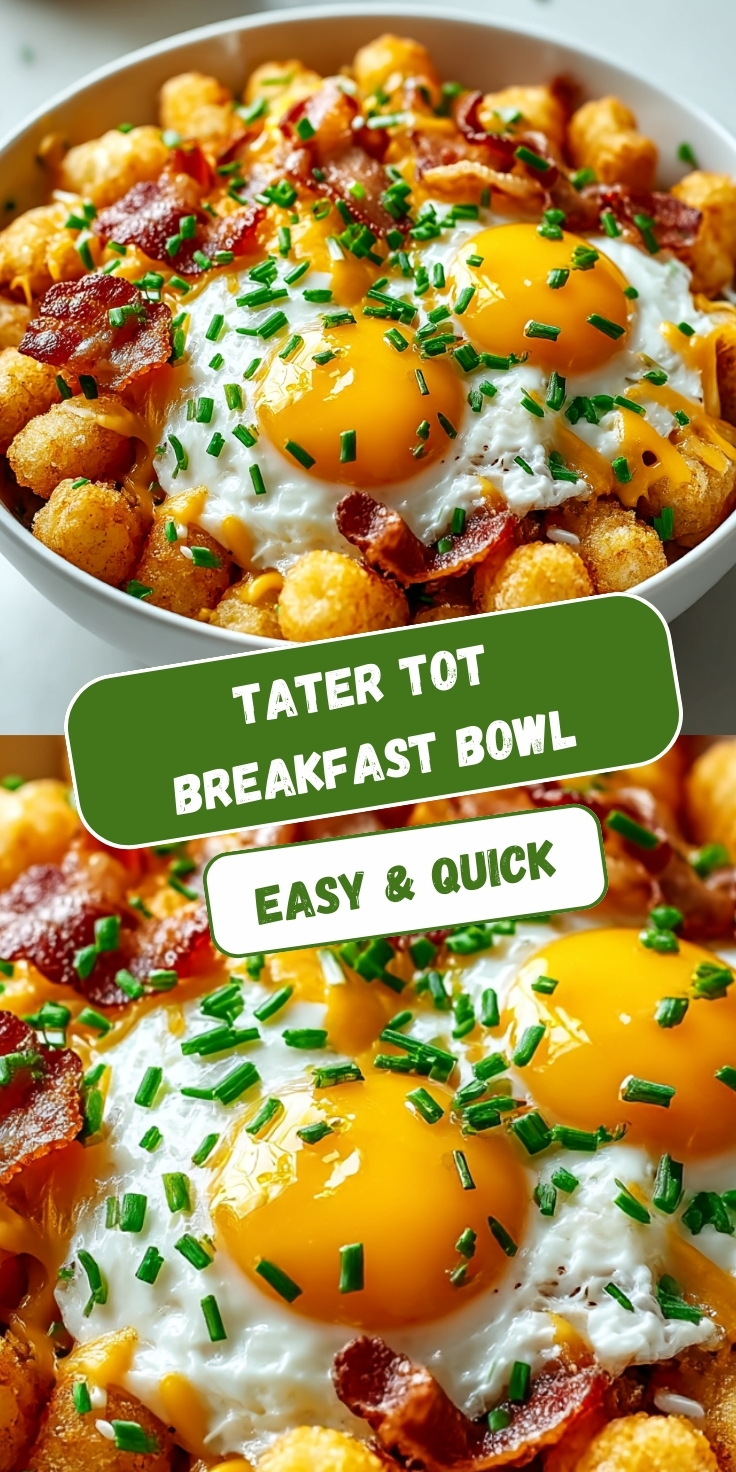 Tater tot breakfast bowl with crispy golden tater tots topped with sunny-side-up eggs with bright yellow yolks, crispy bacon pieces, melted cheddar cheese, and fresh chives in a white bowl