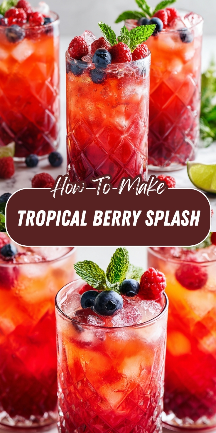 Pinterest recipe graphic showing two close-up photos of Tropical Berry Splash drinks — vibrant red berry cocktails or mocktails served in crystal-cut highball glasses over ice, garnished with fresh raspberries, blueberries, and mint leaves, with lime wedges and scattered berries in the background, with text overlay reading 'How-To-Make Tropical Berry Splash.