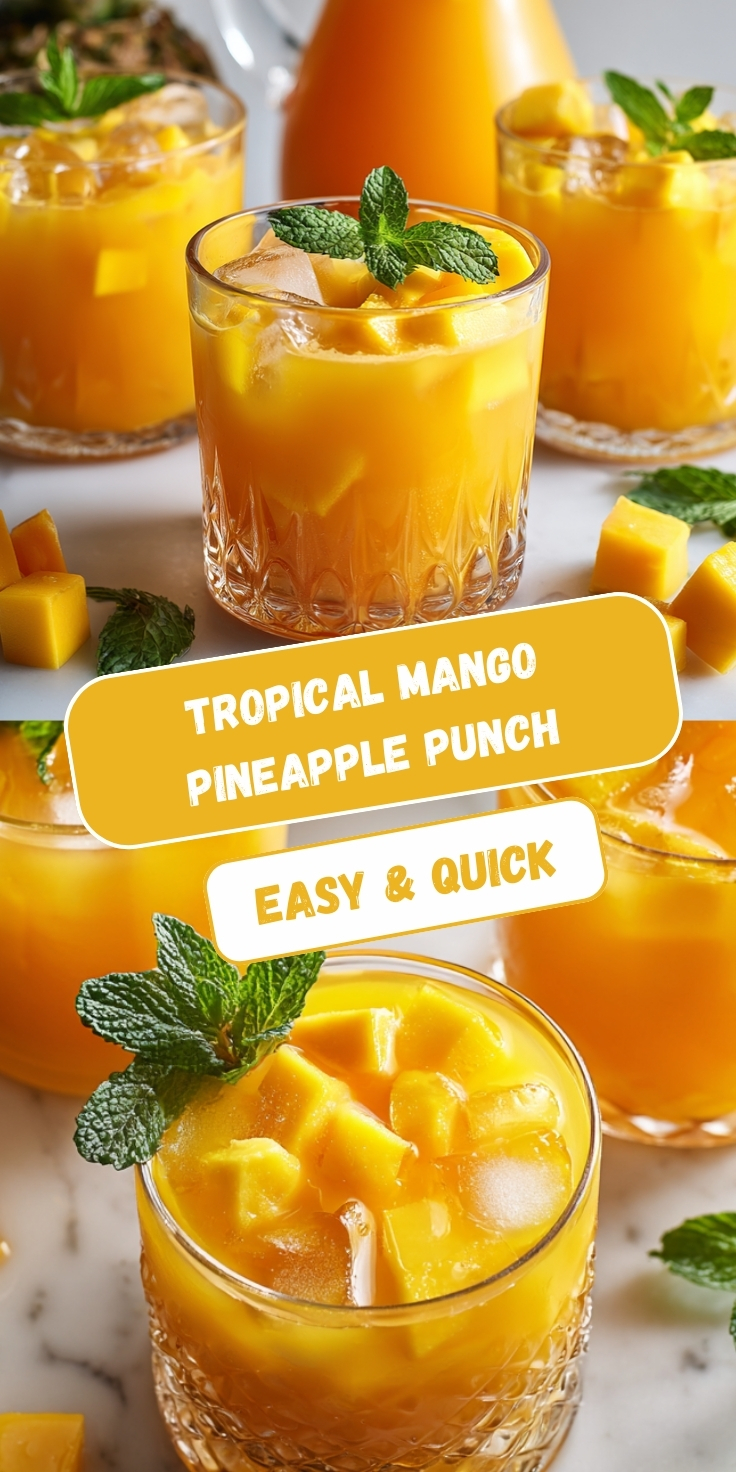 Tropical mango pineapple punch in cut crystal rocks glasses, bright golden-orange color with ice cubes, fresh mango and pineapple chunks, garnished with fresh mint leaves, with a glass pitcher and scattered fruit in the background