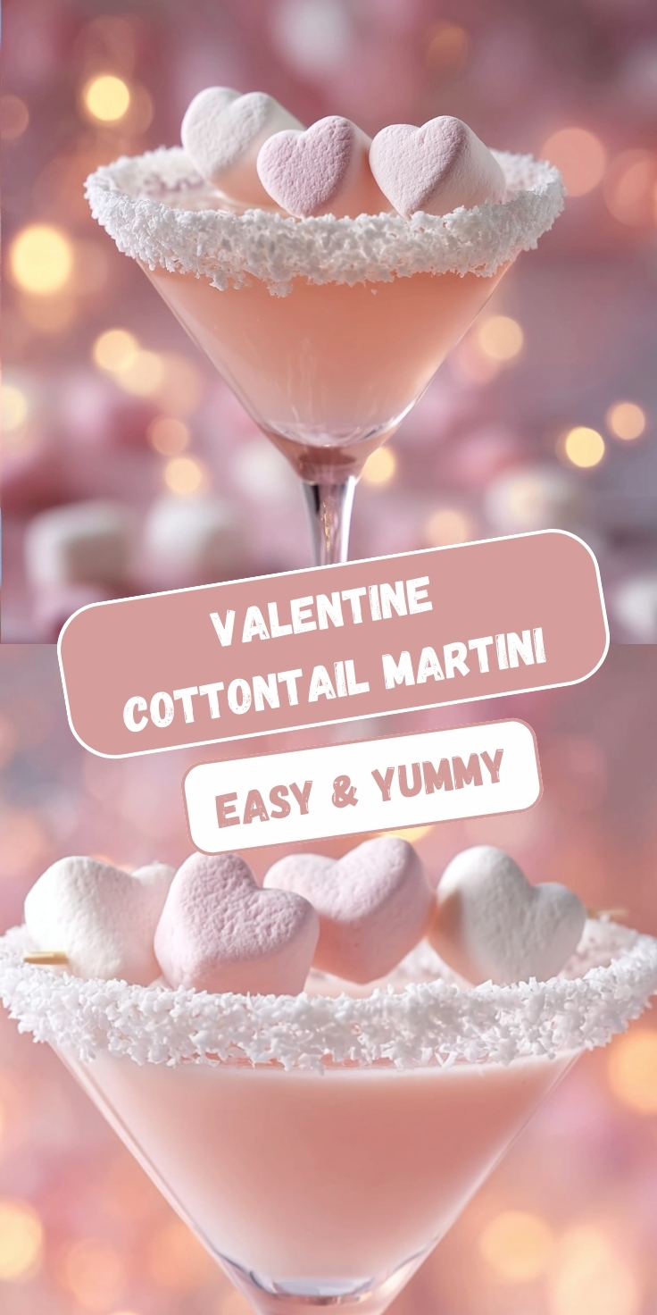 A vertical graphic featuring a creamy pink cocktail in a martini glass. The rim of the glass is coated in white shredded coconut, and the drink is garnished with three pink and white heart-shaped marshmallows. Text overlays in the center read 'COTTONTAIL MARTINI' and 'EASY & YUMMY' against a festive, sparkling pink background.