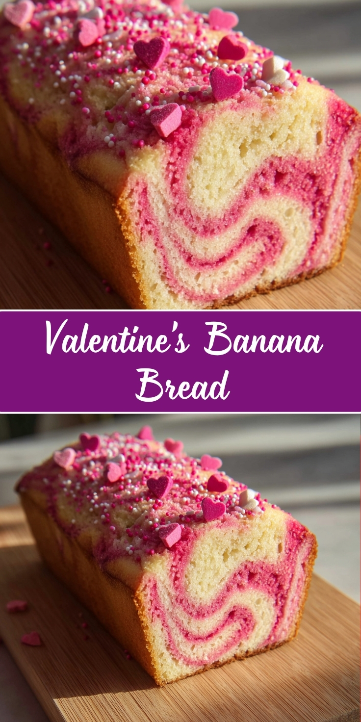 Valentine's Day banana bread loaf with pink and white marbled swirl pattern, topped with pink frosting, heart-shaped sprinkles, and pearl decorations in shades of pink, white, and red