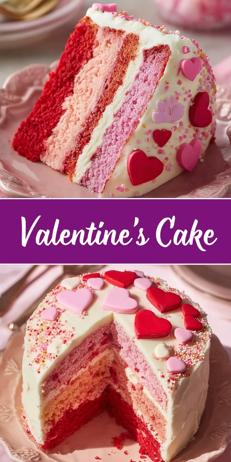 Valentine's Cake in a two-photo Pinterest collage. Top image shows a close-up of a single slice of layered cake revealing alternating layers of red, dark pink, light pink, and white cream cheese frosting, served on a pink decorative plate and decorated with colorful heart-shaped fondant pieces and rainbow sprinkles. Bottom image shows the whole cake with a slice removed, sitting on a pink cake stand, covered in white frosting and adorned with red, pink, and light pink heart-shaped decorations and scattered rainbow sprinkles. A purple banner with white script text reading 'Valentine's Cake' separates the two photos.