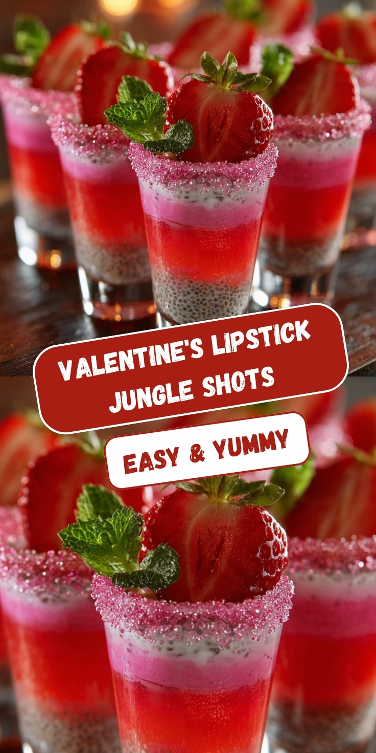 A vertical graphic featuring several layered shot glasses filled with a colorful red and pink cocktail. The glasses have rims coated in bright pink sugar and are garnished with fresh strawberry halves and mint sprigs. The drink has distinct layers, including a textured bottom, a red middle, and a creamy pink top. Text overlays in the center read 'VALENTINE'S LIPSTICK JUNGLE SHOTS' and 'EASY & YUMMY' against a warm, blurred wooden background.