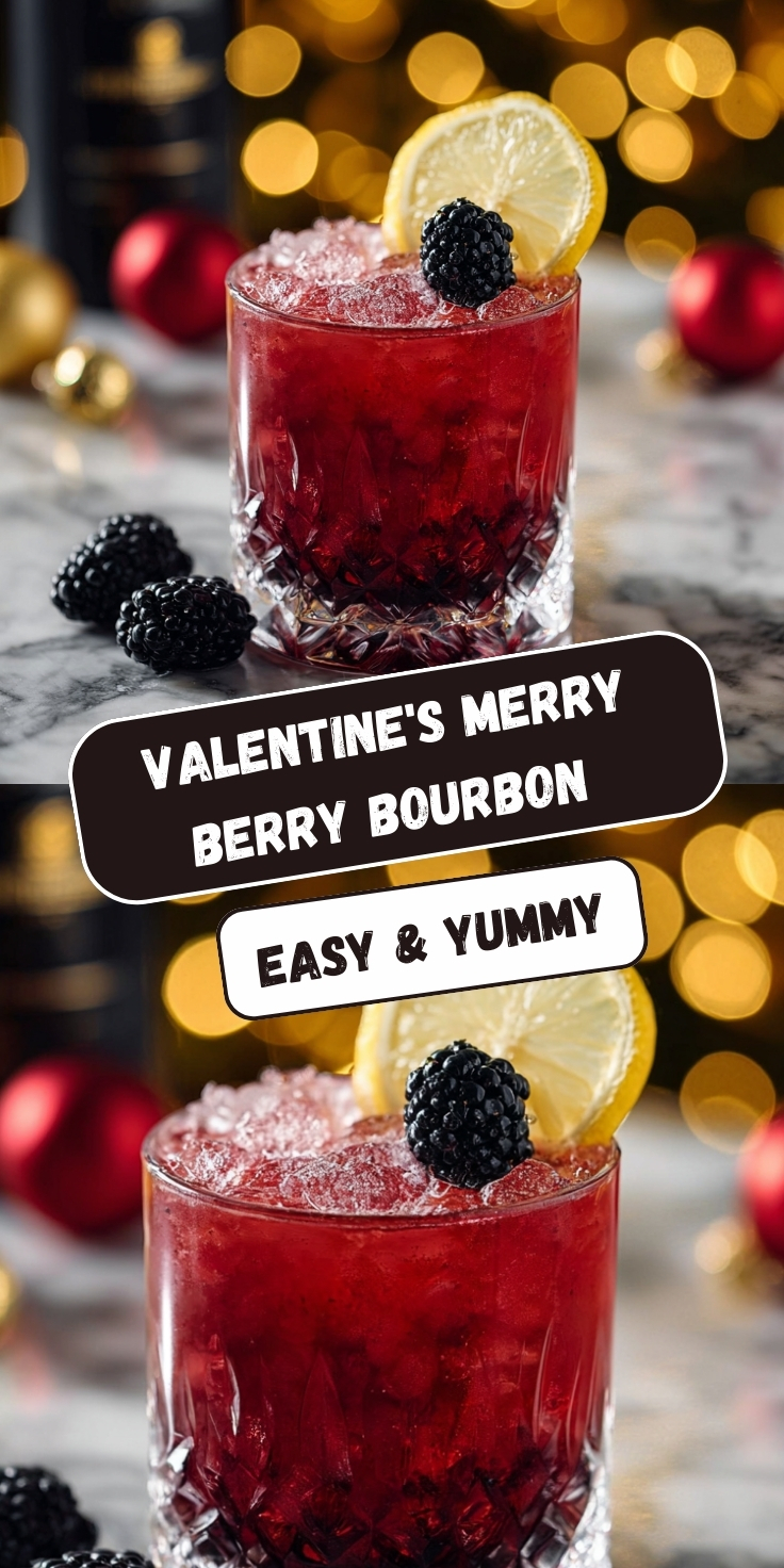 A vertical graphic showing a short crystal tumbler filled with crushed ice and a deep red berry cocktail. The drink is garnished with a fresh blackberry and a slice of lemon. The background is a marble surface with blurred warm lights and festive red and gold ornaments. Text overlays read 'VALENTINE'S MERRY BERRY BOURBON' and 'EASY & YUMMY'.