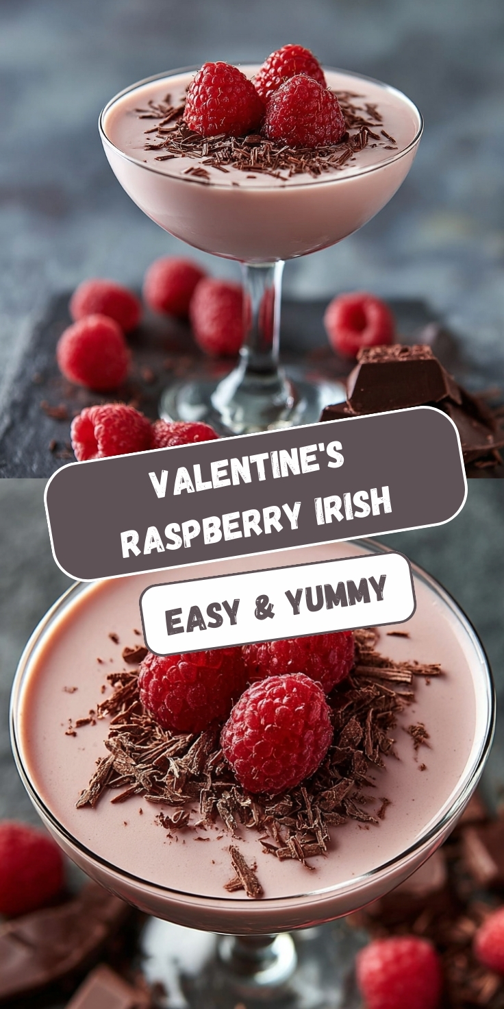 A vertical graphic displaying a creamy, pale chocolate-pink cocktail in a stemmed glass. The drink is topped with dark chocolate shavings and three fresh raspberries. The glass sits on a dark stone surface surrounded by scattered raspberries and chunks of dark chocolate. Text overlays read 'VALENTINE'S RASPBERRY IRISH' and 'EASY & YUMMY'.