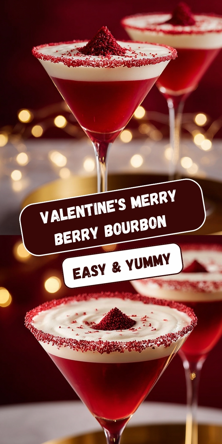 A vertical graphic showing a martini glass filled with a deep red liquid and topped with a thick layer of white foam. The rim is coated in red sugar sprinkles, and a small mound of red crumbs sits in the center of the foam. The background is dark red with blurred yellow fairy lights. The text overlay mistakenly reads 'VALENTINE'S MERRY BERRY BOURBON' (identical to the previous image) and 'EASY & YUMMY'.