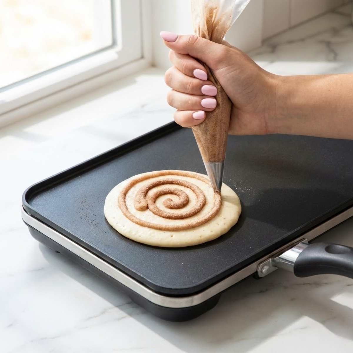 Close-up of a woman's hand with pink nails piping a cinnamon swirl onto a pancake cooking on a griddle.