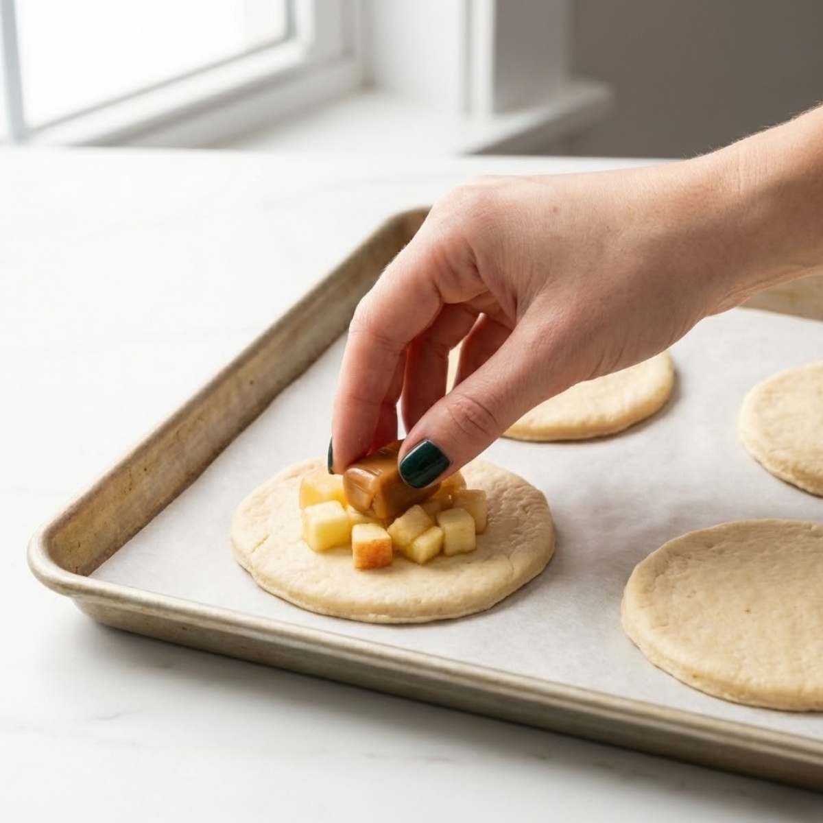 Close-up of a hand with dark green nails placing a caramel candy and apples onto biscuit dough.