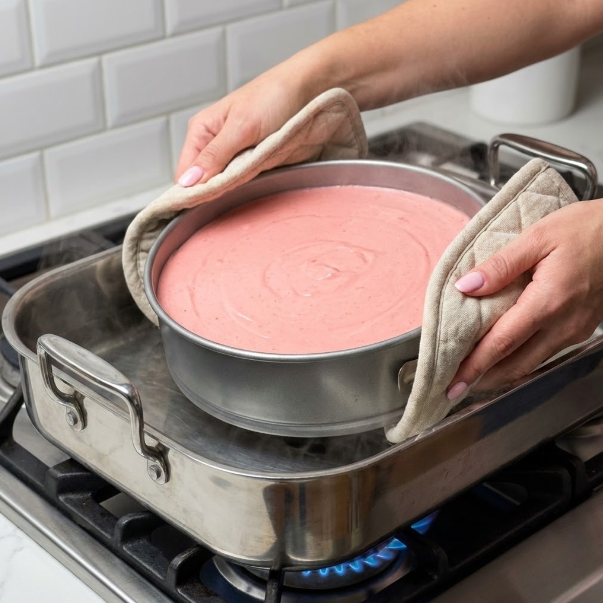 Extreme close-up of hands in oven mitts placing a springform pan with cheesecake batter into a water bath on a gas stove.