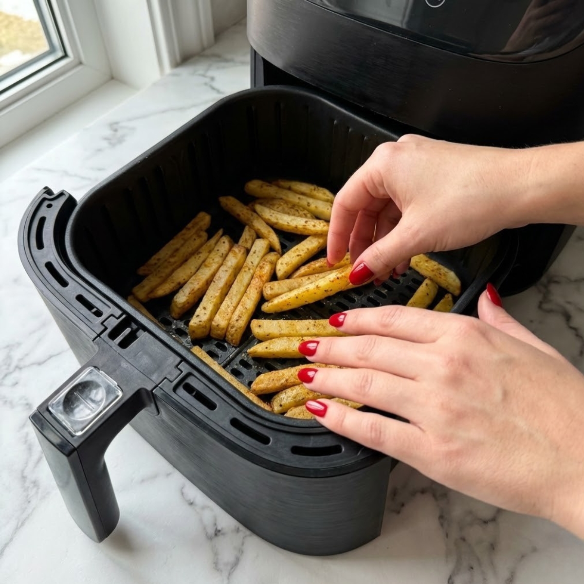 Close-up of a woman's hands with red nails placing seasoned fries into an air fryer basket on a white marble counter.