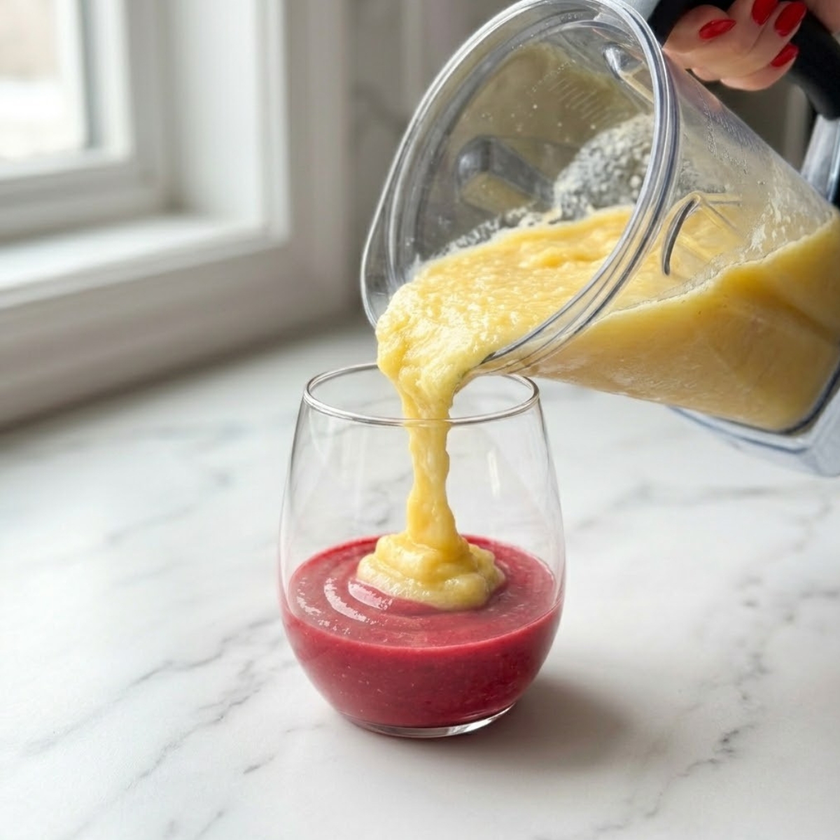 Close-up 45-degree angle view looking down as a young woman's hand with polished Classic Red nails tilts a high-speed blender pitcher from image_223.png. She is gently pouring a thick, frosty yellow pineapple coconut mixture directly over the pink raspberry puree base inside a stemless serving glass on a modern white marble counter. Condensation is heavy on the frosty glass.