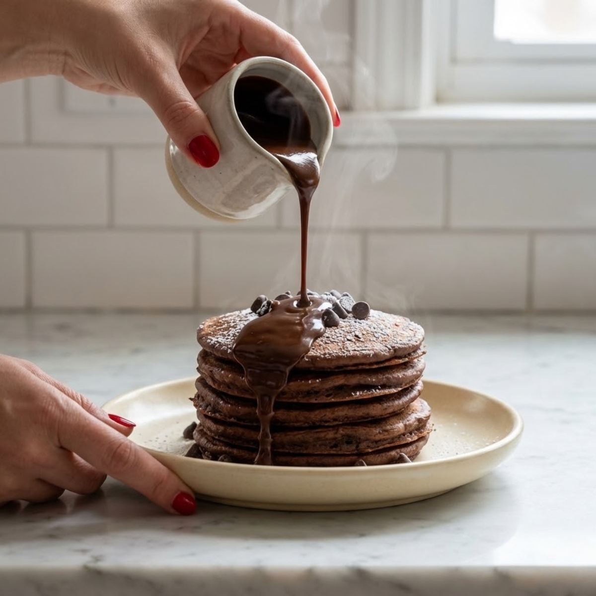 Close-up of a hand with red nails pouring warm chocolate ganache over a stack of steaming chocolate pancakes.