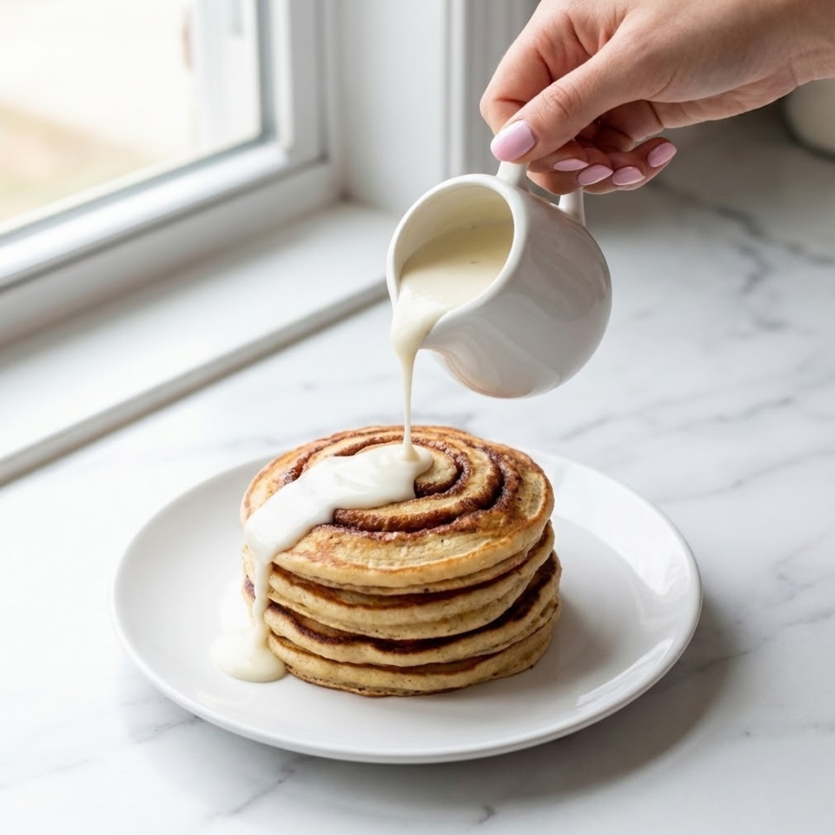Close-up of a woman's hand pouring cream cheese glaze from a pitcher over a stack of cinnamon roll pancakes.